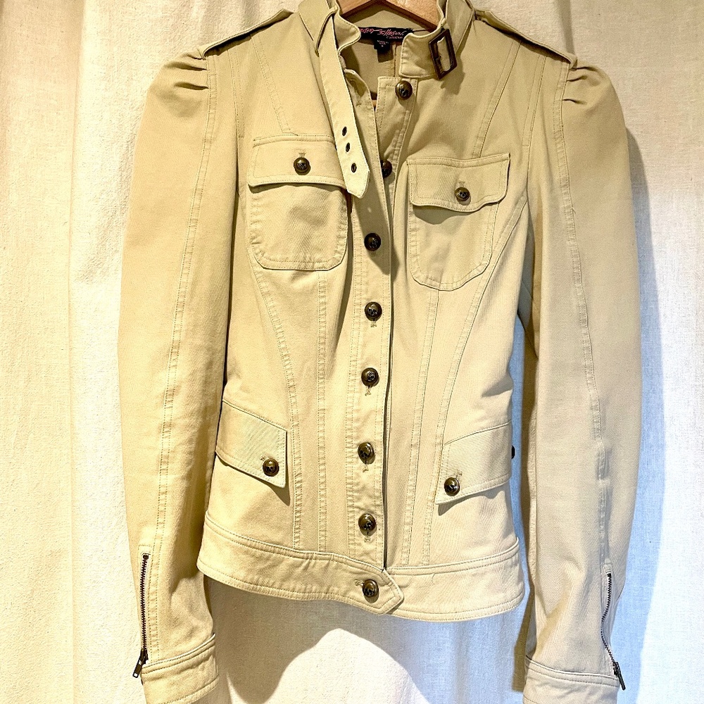 BETSEY JOHNSON khaki tan skull buttons denim jean military jacket, size 0